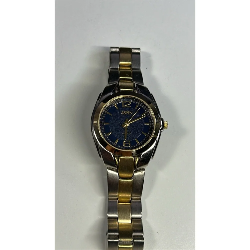 Aspen Two Tone Stainless Steel Quartz Watch Blue Dial Japan Movt Not Tested